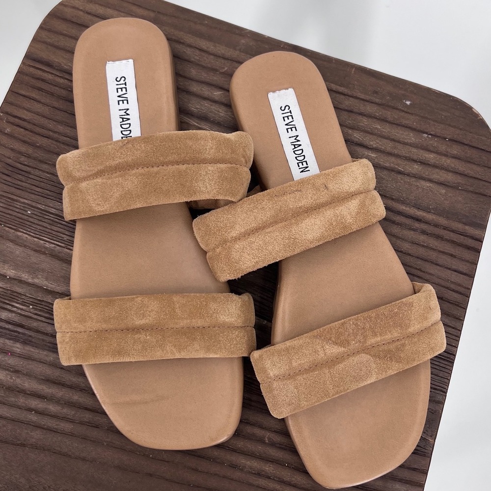 Steve Madden Womens Tan Suede Dual Strap Slide Sandals Square Toe Flat Shoes 9
